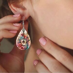 Pink and Blue Teardrop Dangle Earrings with Intricate Design